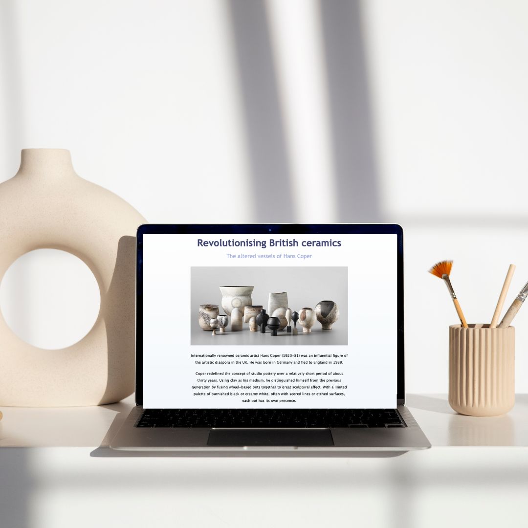 The British ceramics landing page project displys on a laptop