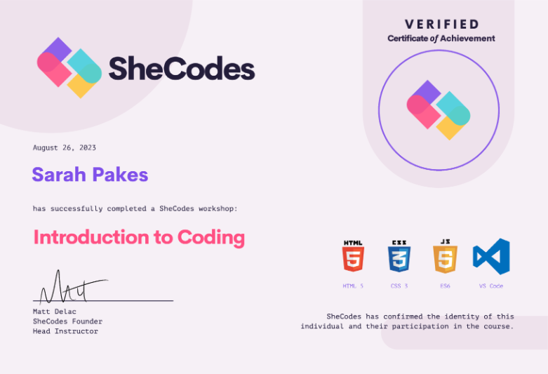 SheCodes Basics certificate