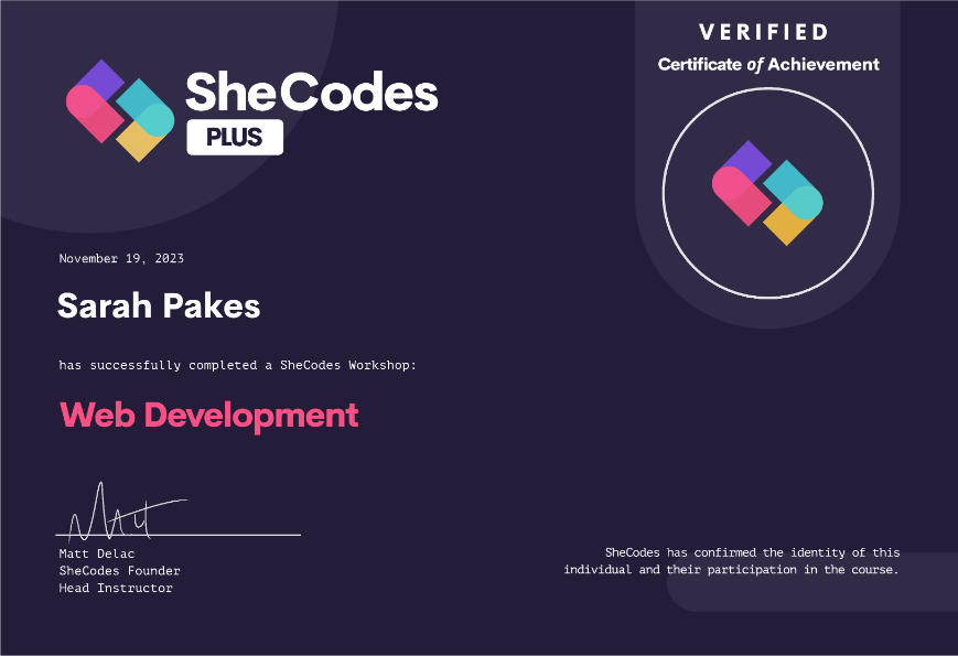 SheCodes Plus certificate