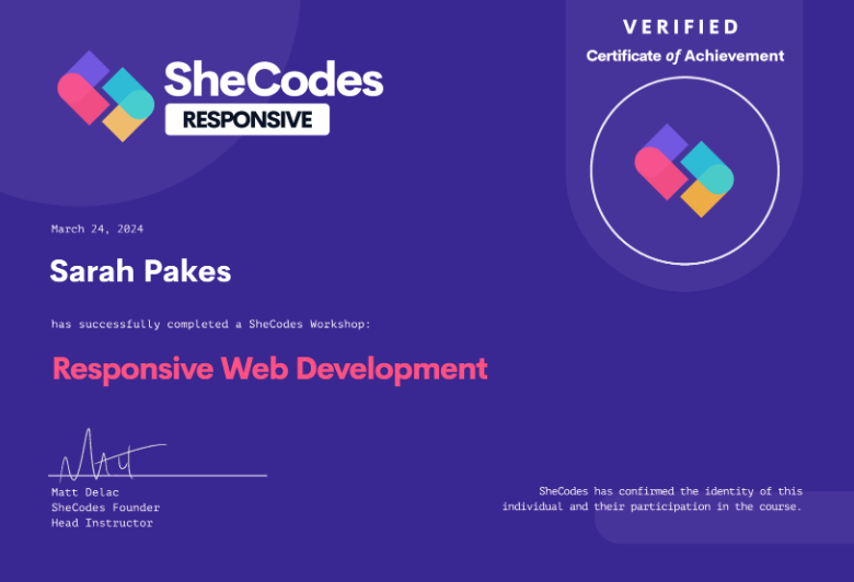 SheCodes Plus certificate